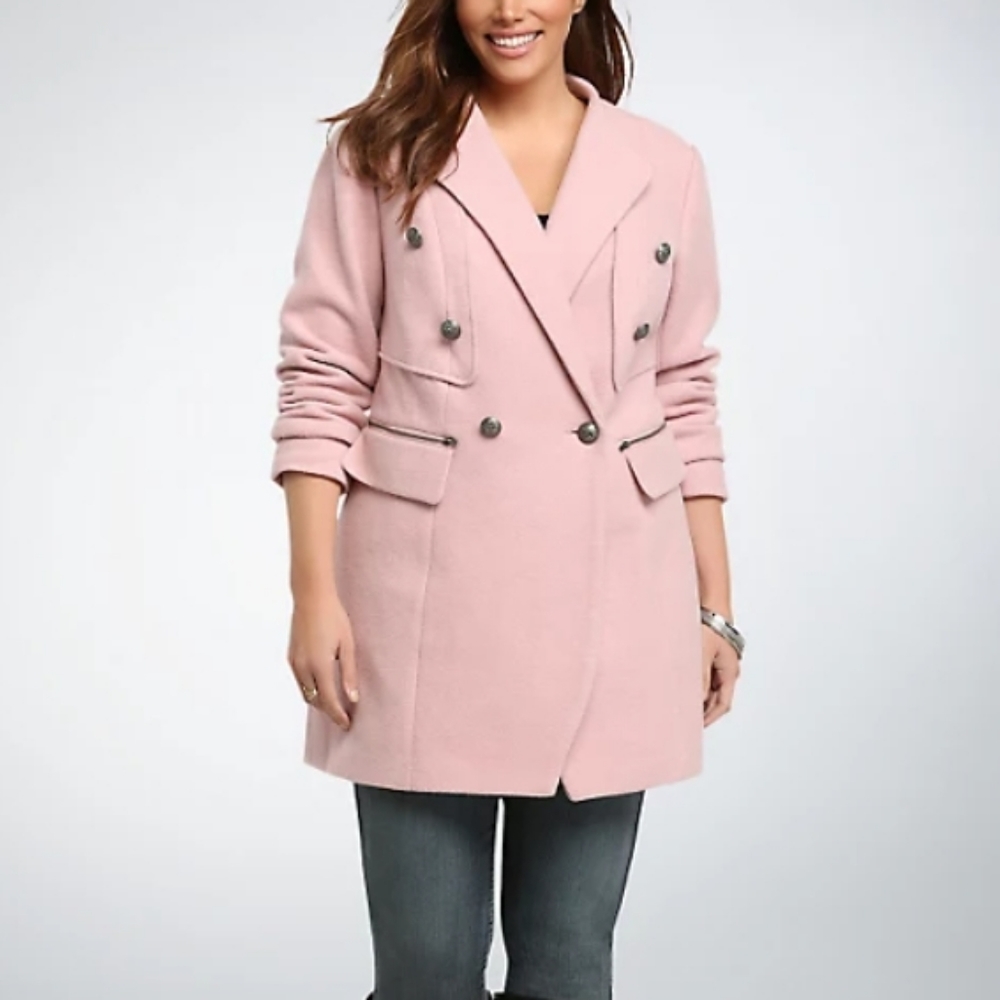 Torrid Pink Military Midi Peacoat Polyester Wool Jacket Coat Size 2X